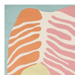 Close-up view of a contemporary area rug featuring an abstract tiger stripe design in pastel colors, perfect for adding a modern touch to large living rooms. This hand-tufted wool rug combines orange, pink, and cream tones with a light blue background, making it an ideal choice for those seeking stylish area rugs for living room spaces.