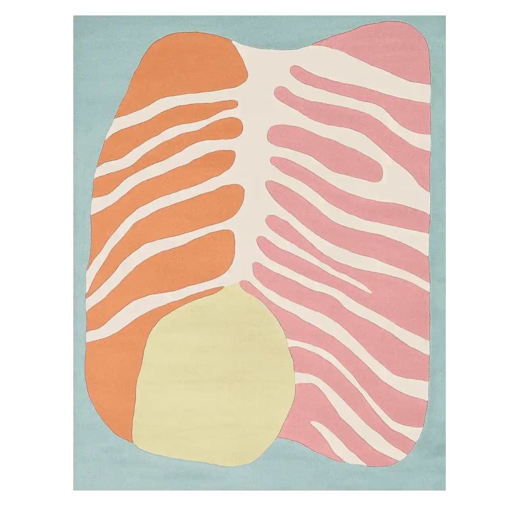 Top view of the Drift Into Pastel Hand Tufted Area Rug, showcasing an abstract design with vibrant orange and pink zebra stripes against a soft blue backdrop. This contemporary rug is perfect for adding a splash of color to large living rooms. Made from wool, it serves as an eye-catching centerpiece for area rugs in living room settings.