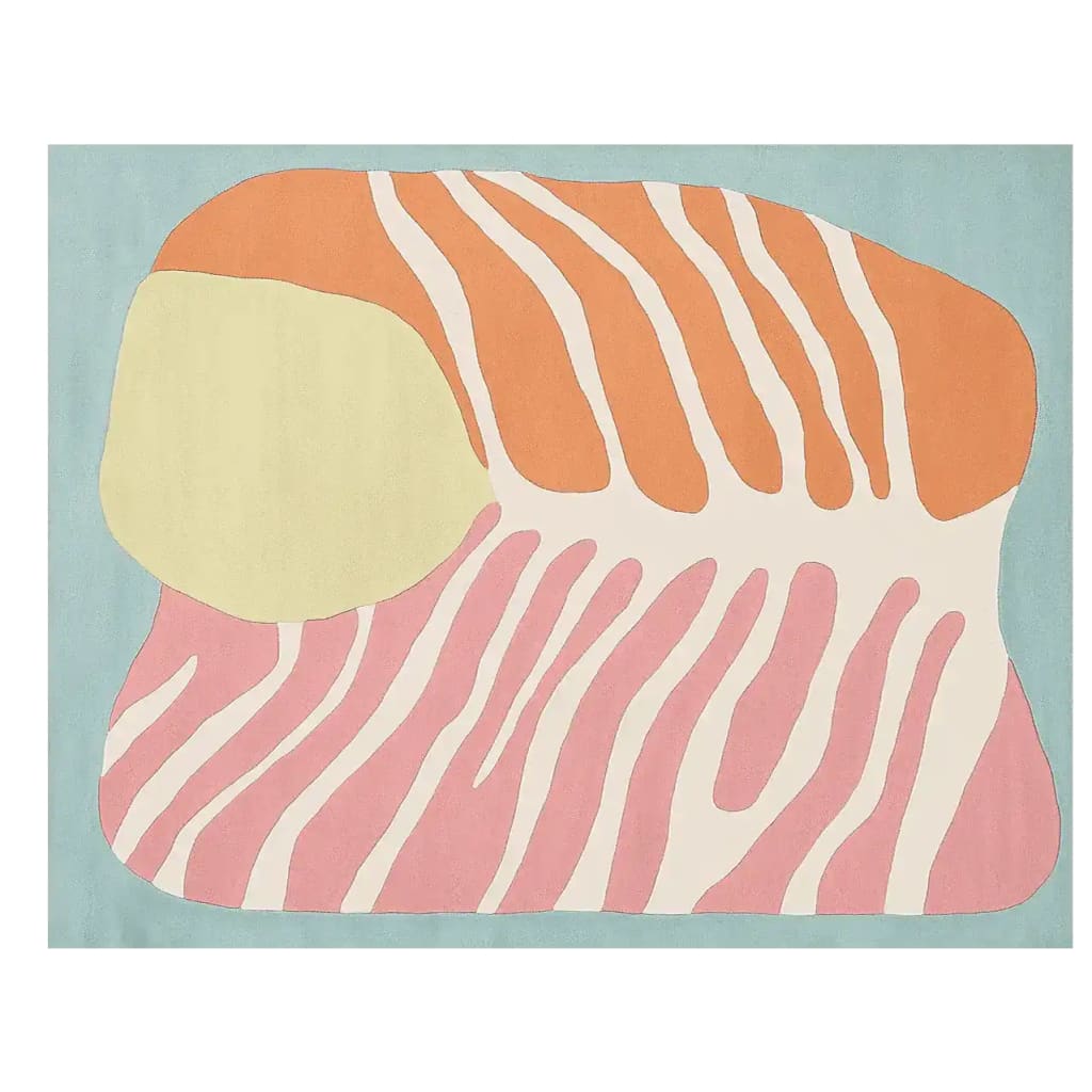 A vibrant hand-tufted area rug showcasing an abstract design in pastel colors, perfect as a contemporary rug for large living rooms. This wool rug combines soft blue, orange, pink, and beige hues, adding a modern touch to any space.
