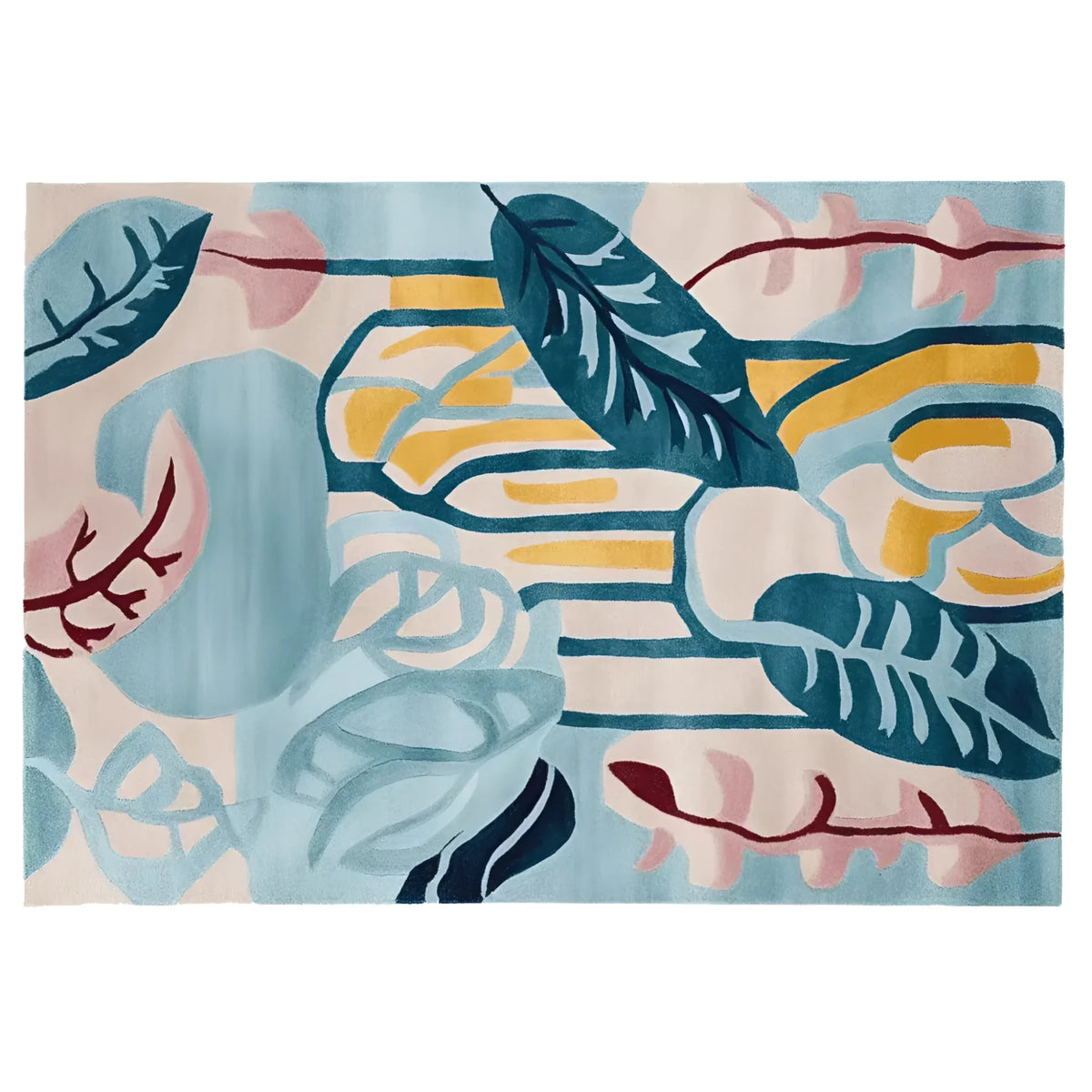 A contemporary area rug featuring an abstract design with bold, colorful leaf patterns in blue, pink, and yellow, perfect for large living rooms. This wool rug, titled 'Drift Leaf Riff Hand Tufted Rug', adds a modern touch to any living room area.