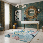 Living room with decorative rug, wall art, and mirror