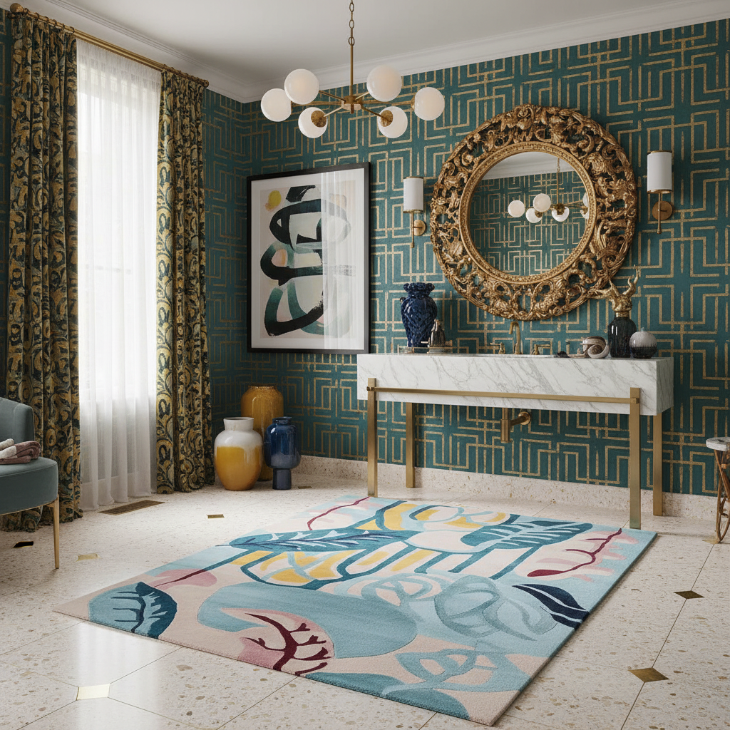 Living room with decorative rug, wall art, and mirror