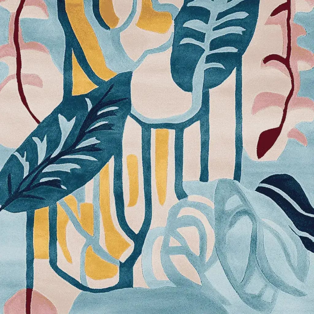 The Drift Leaf Riff Hand Tufted Area Rug showcases a vibrant abstract design with bold colors, perfect for adding a touch of modern elegance to any space. This contemporary rug features an intricate pattern with flowing lines and organic shapes, making it an ideal centerpiece for large living room areas. Crafted from high-quality wool, this living room area rug combines durability with luxurious texture.