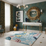 Living room with decorative rug, wall art, and mirror