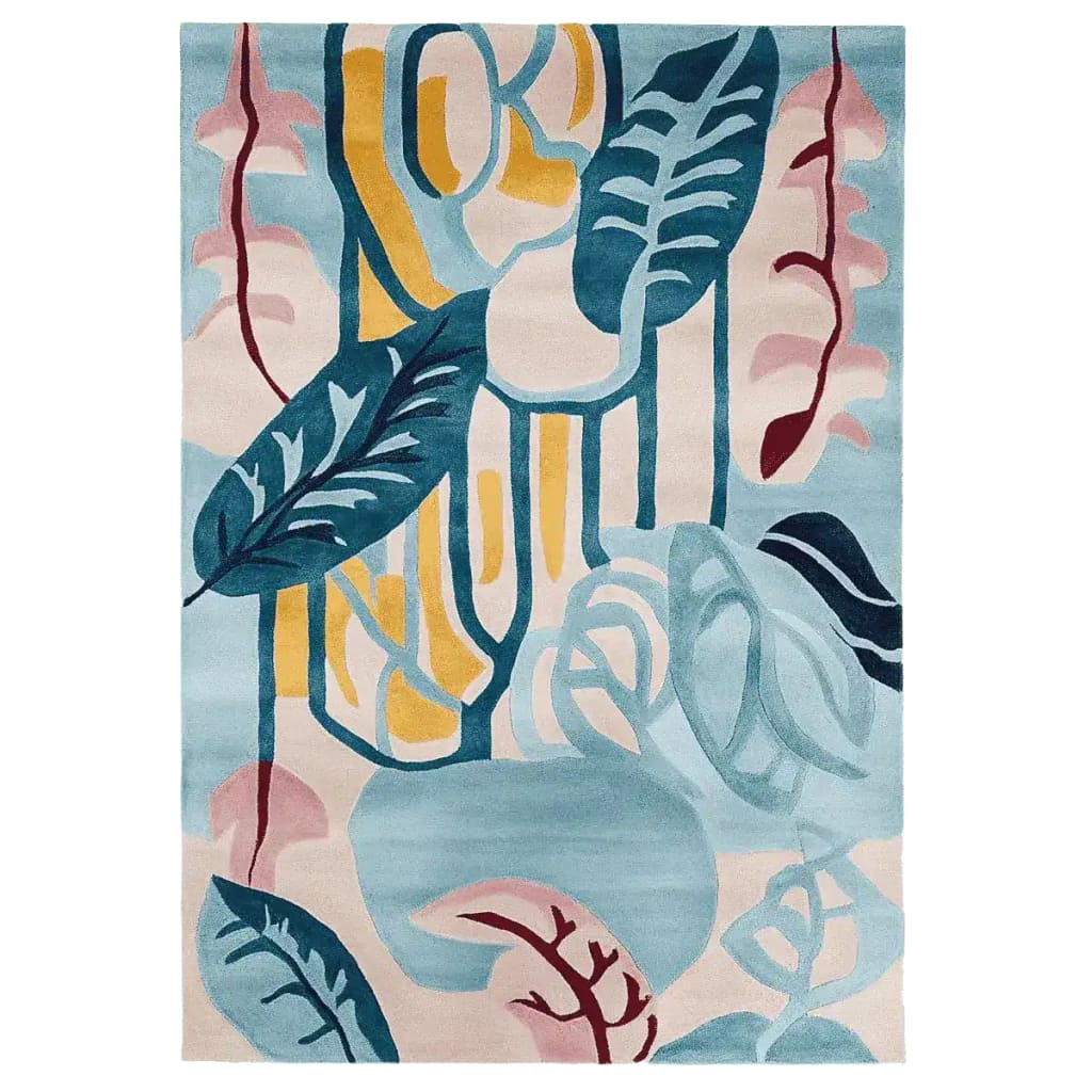 A vibrant area rug featuring an abstract design with bold leaf patterns in shades of blue, yellow, and pink. This contemporary rug, crafted from high-quality wool, is perfect for large living room spaces. The intricate design and rich colors make it a standout piece among living room area rugs.