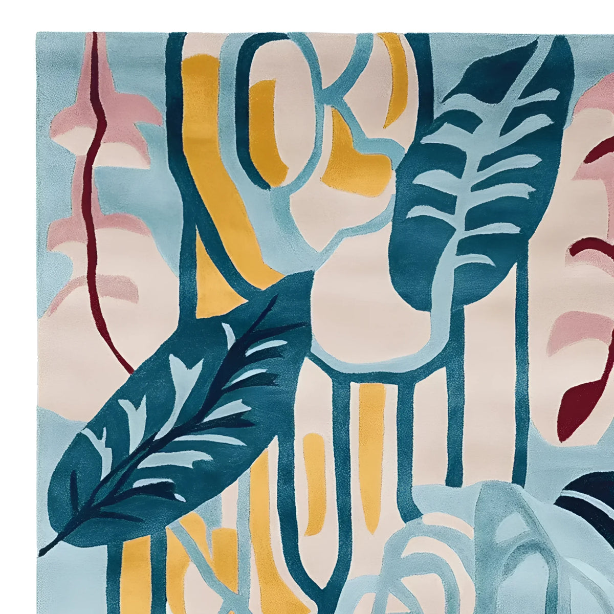 This image showcases a vibrant area rug, perfect for a contemporary living room. The wool rug features an abstract design with bold blue, yellow, and pink leaf patterns, making it an ideal centerpiece for large living room rugs. The Drift Leaf Riff Hand Tufted Rug adds a modern touch to any space, blending artistry with comfort for your living room area rugs collection.