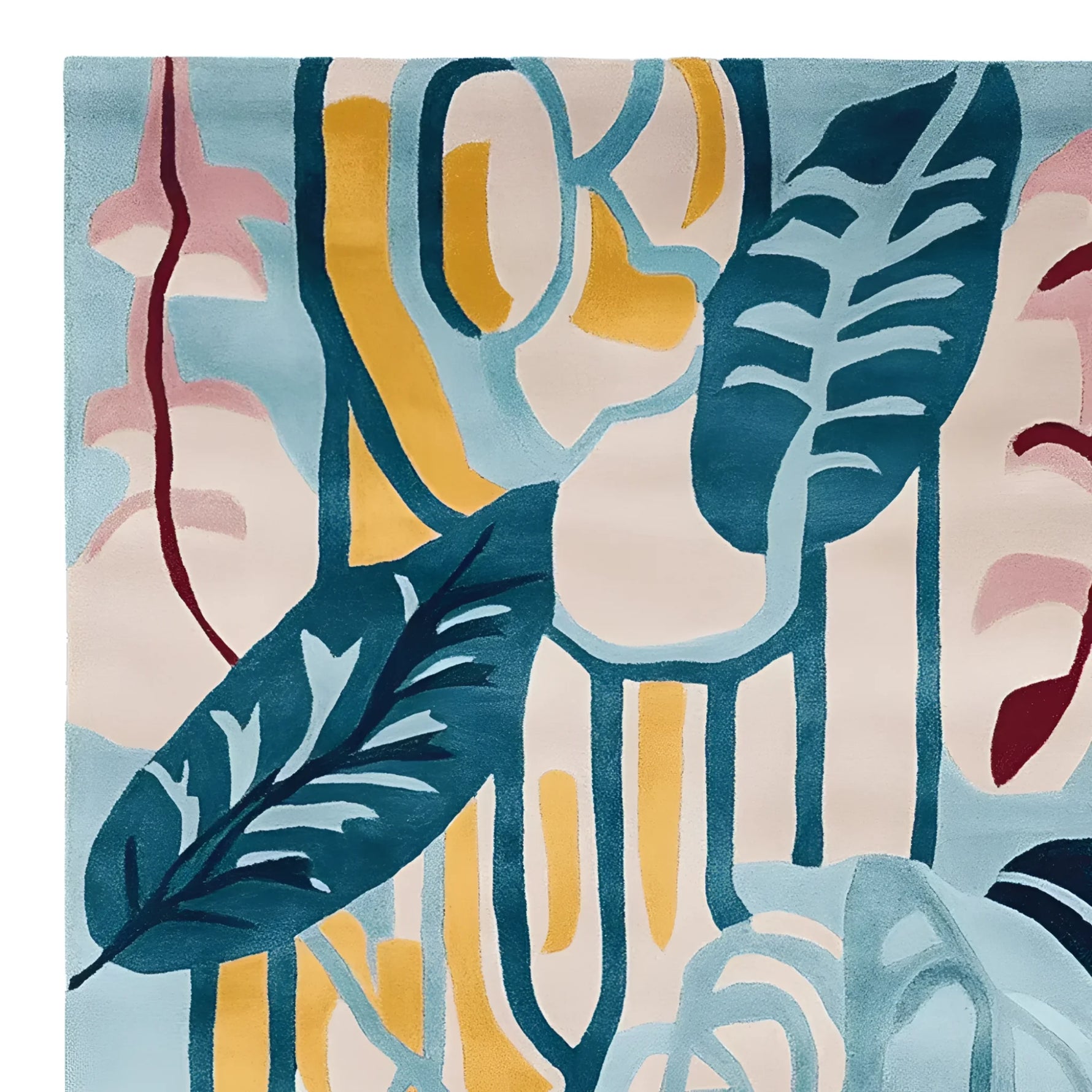This image showcases a vibrant area rug, perfect for a contemporary living room. The wool rug features an abstract design with bold blue, yellow, and pink leaf patterns, making it an ideal centerpiece for large living room rugs. The Drift Leaf Riff Hand Tufted Rug adds a modern touch to any space, blending artistry with comfort for your living room area rugs collection.