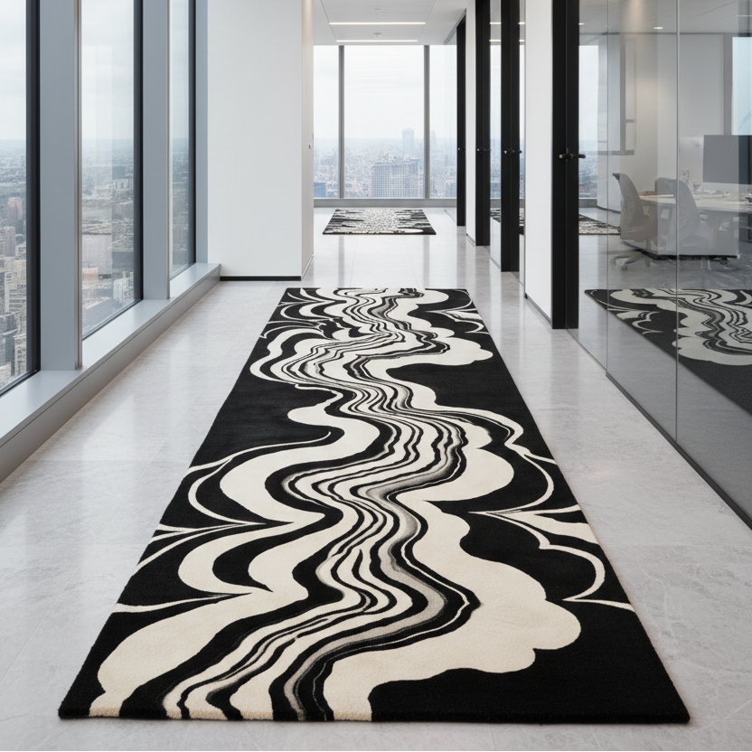 Black and white patterned rug on a glossy floor with large windows and modern interior design.