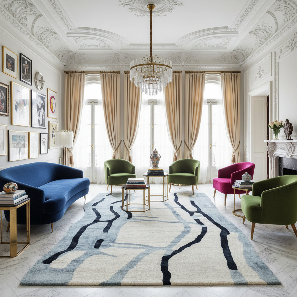 Luxurious living room with a blue sofa, green chairs, and a patterned rug.