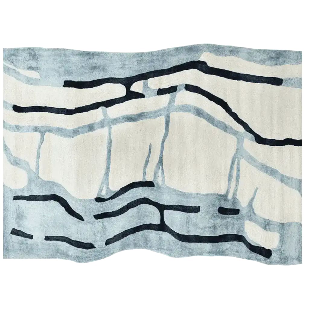Top view of a contemporary area rug with an abstract design featuring flowing black lines on a soft white and blue background, ideal for large living rooms. This wool rug, titled 'Drifting Lines Hand Tufted Rug', brings a modern touch to any living room area.