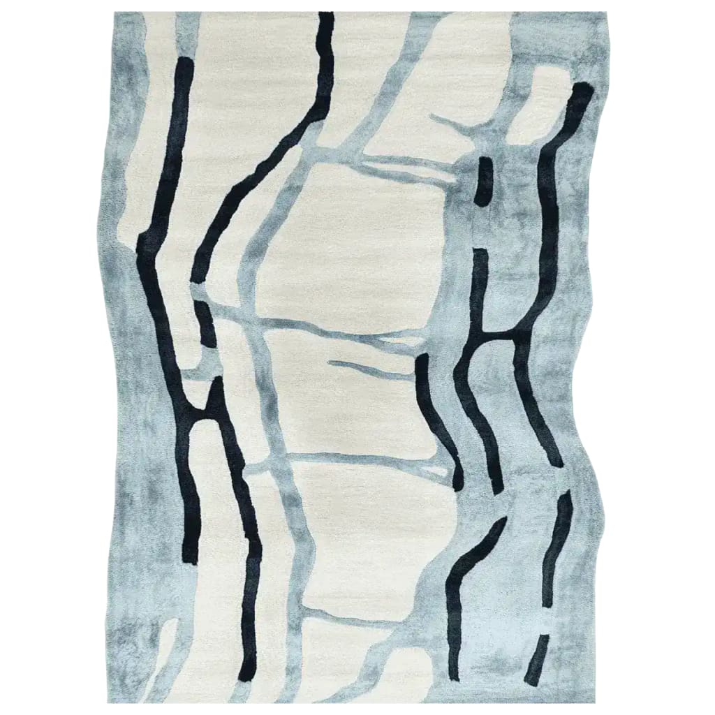 Top view of the Drifting Lines Hand Tufted Area Rug, showcasing a contemporary design with abstract black and gray lines on a soft wool surface. Perfect for large living room spaces, this rug adds a modern touch to any home decor.