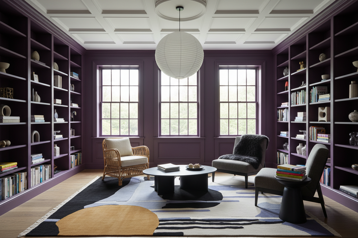 Modern living room with colorful rug, purple walls, bookshelves, and a round coffee table.