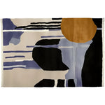 Top view of the Drifting Shadows Hand Knotted Rug, a contemporary area rug featuring abstract patterns in black, blue, and brown tones. This wool rug is perfect for adding a modern touch to living room spaces.