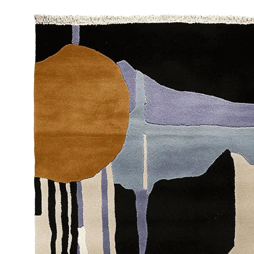 A stunning Drifting Shadows Hand Knotted Rug featuring an abstract design with bold colors. The area rug showcases a contemporary style, perfect for adding a modern touch to your living room. Made from high-quality wool, this living room area rug combines durability with artistic flair.