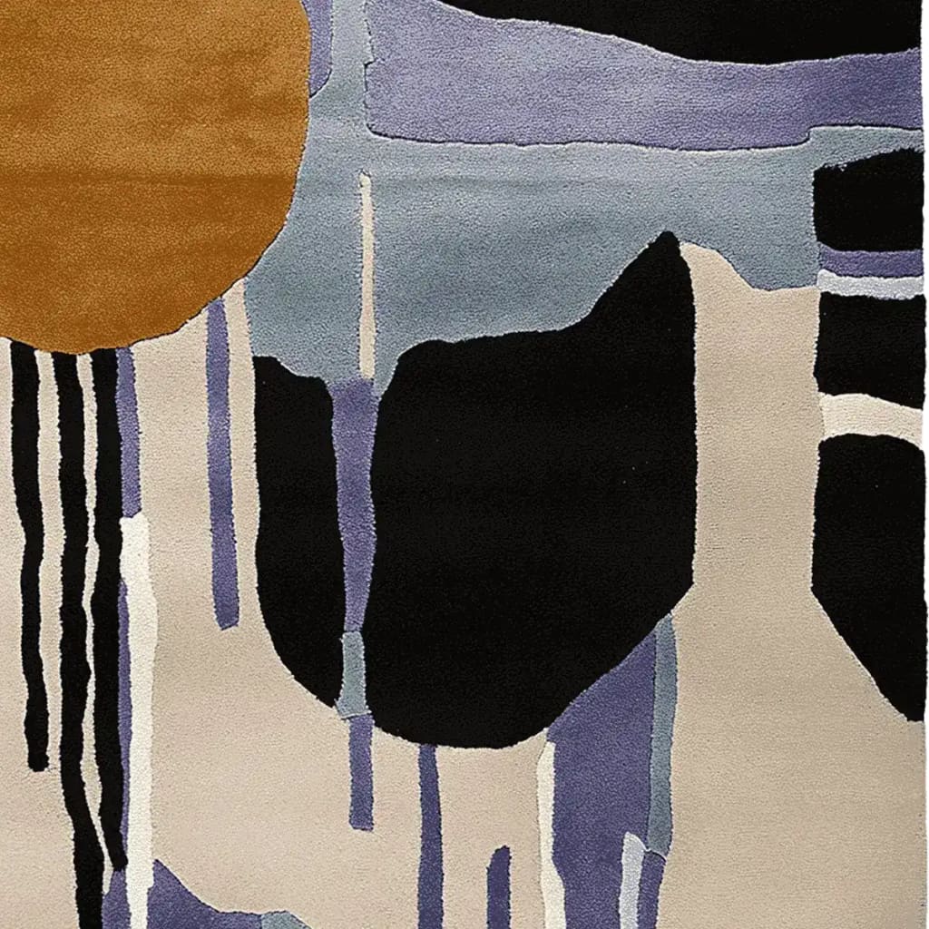 This Drifting Shadows Hand Knotted Rug features an abstract design with bold, contrasting colors, perfect for a contemporary living room. The area rug showcases a blend of black, blue, beige, and a striking orange circle, crafted from high-quality wool. Ideal as a wool rug for enhancing any living room space.