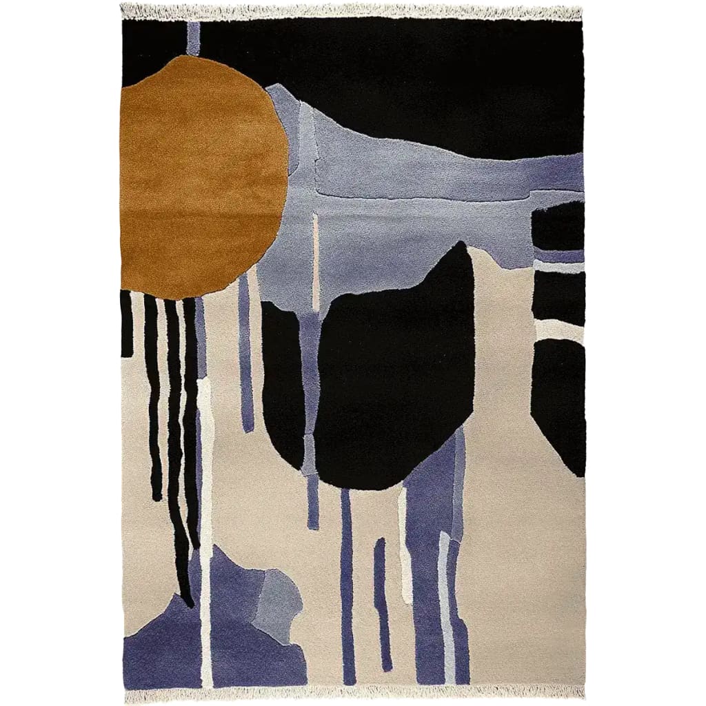 This Drifting Shadows Hand Knotted Area Rug showcases a stunning abstract design with rich, earthy tones. Perfect for contemporary living rooms, this wool rug features a harmonious blend of black, blue, and beige hues accented by a bold circular pattern. Ideal for those seeking unique area rugs for the living room, this piece adds warmth and sophistication to any space.