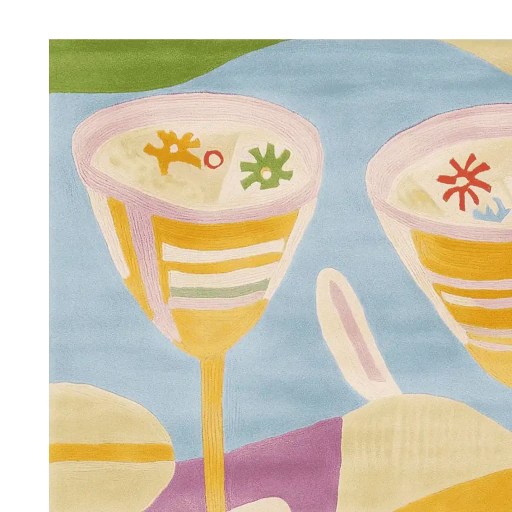 This hand tufted area rug, titled 'Drinks on Me', showcases a vibrant and contemporary design featuring abstract shapes resembling cocktail glasses in a playful palette of pastel colors. Perfect for adding a touch of whimsy to large living room spaces, this wool rug embodies modern artistry.