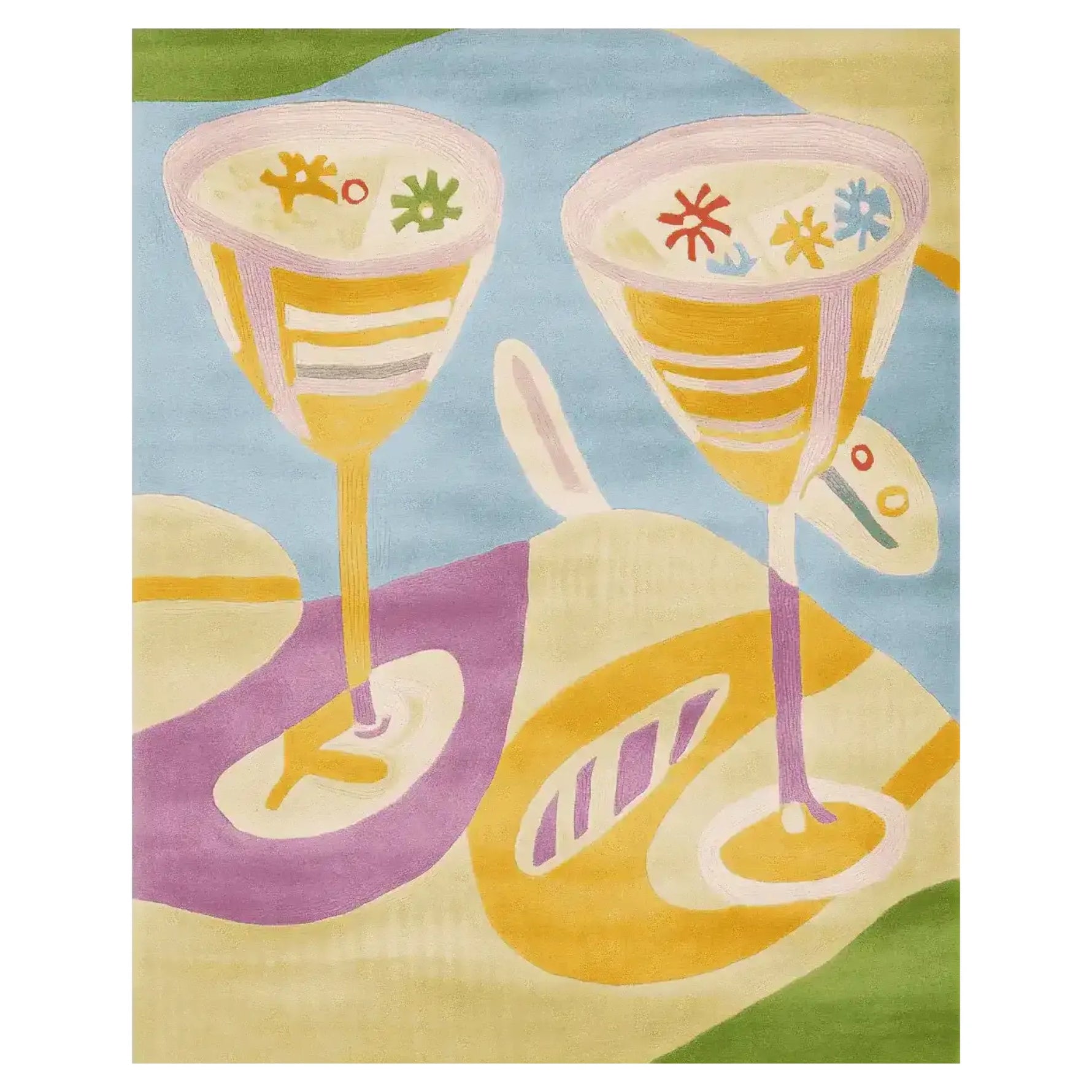 Vibrant area rug featuring an abstract design with colorful martini glasses on a background of swirling shapes in yellow, blue, and green. Perfect for adding a contemporary touch to large living room spaces, this wool rug combines playful patterns with a modern flair.