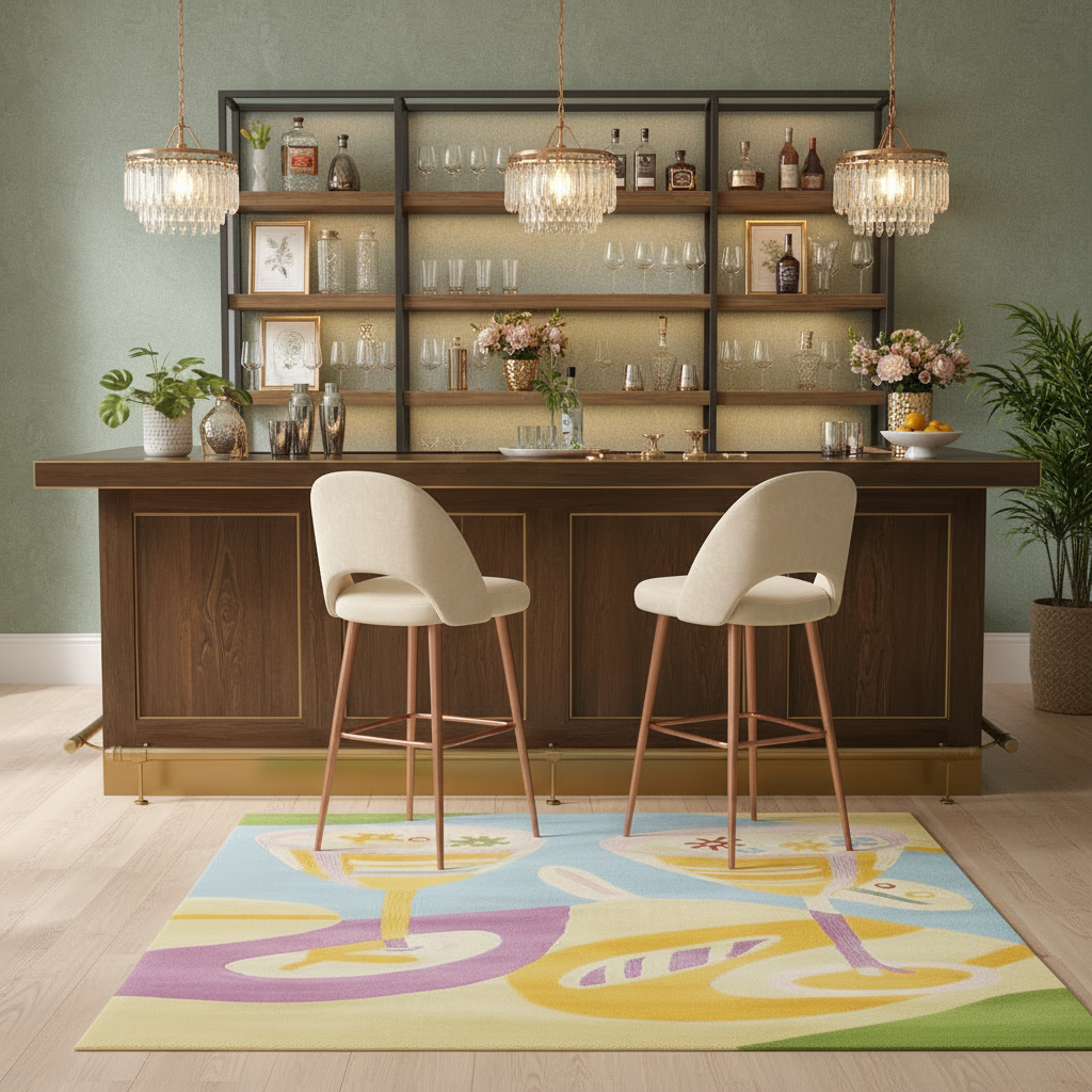 Modern bar setup with wooden counter, stools, and decorative elements in a room with a colorful rug.