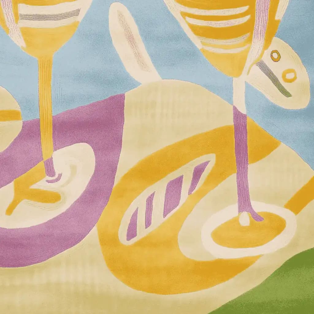 Top view of a vibrant, abstract area rug featuring swirling patterns in yellow, purple, and blue. This contemporary rug is perfect for large living rooms, offering a modern touch with its hand-tufted wool design.