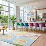 Modern interior with colorful chairs and a decorative rug.