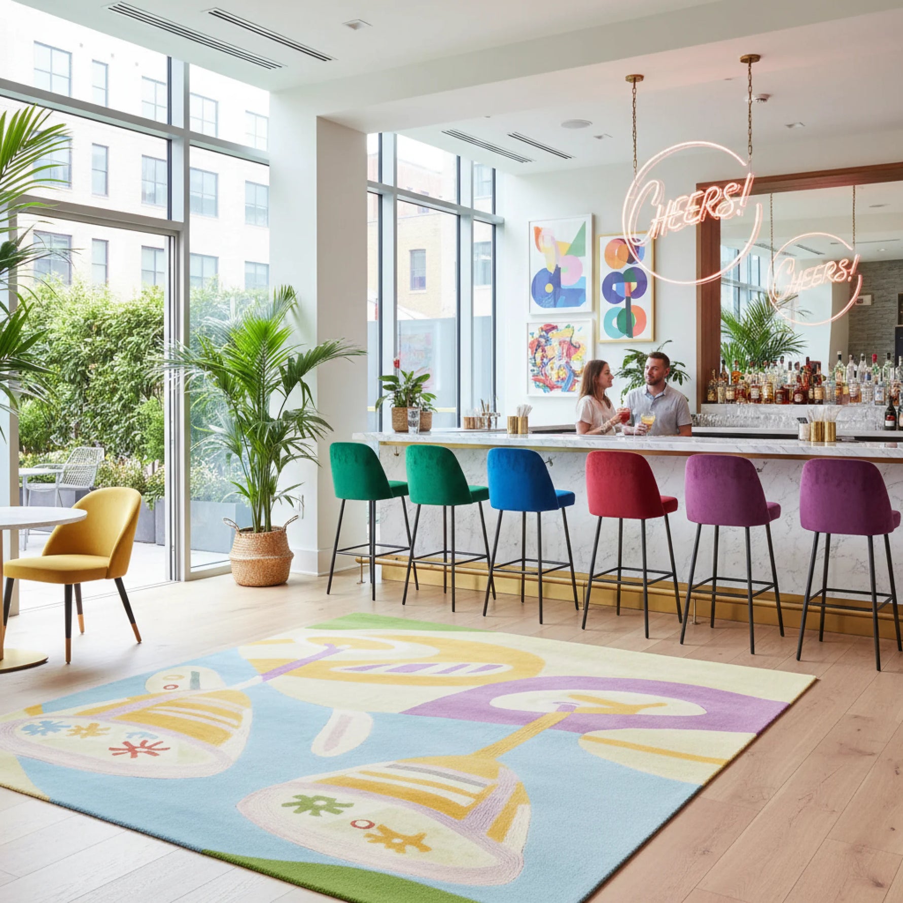 Modern interior with colorful chairs and a decorative rug.