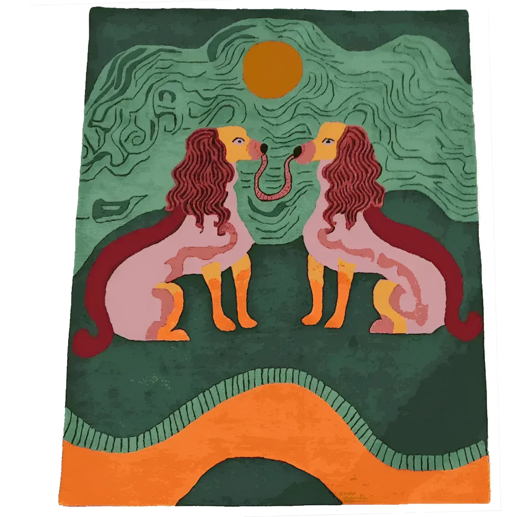 A contemporary hand-tufted area rug featuring an abstract design with two stylized creatures facing each other. The rug showcases vibrant colors, ideal for adding a bold statement to a bedroom or office. Made from high-quality wool, this rug combines artistic flair with durability, perfect for modern office spaces or as a unique bedroom accent.