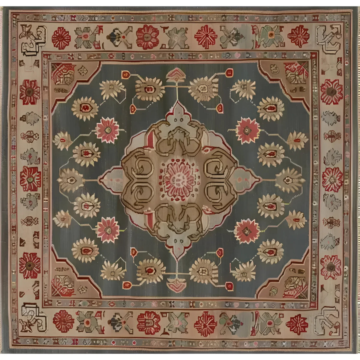 Top view of a Dusk Blossom Hand Knotted Area Rug with intricate Persian designs, perfect for a large living room. The wool rug features a beautiful floral pattern in earthy tones, ideal for adding elegance to any living space.