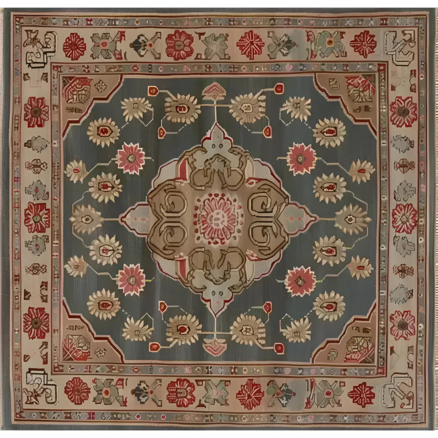 Top view of a Dusk Blossom Hand Knotted Area Rug with intricate Persian designs, perfect for a large living room. The wool rug features a beautiful floral pattern in earthy tones, ideal for adding elegance to any living space.
