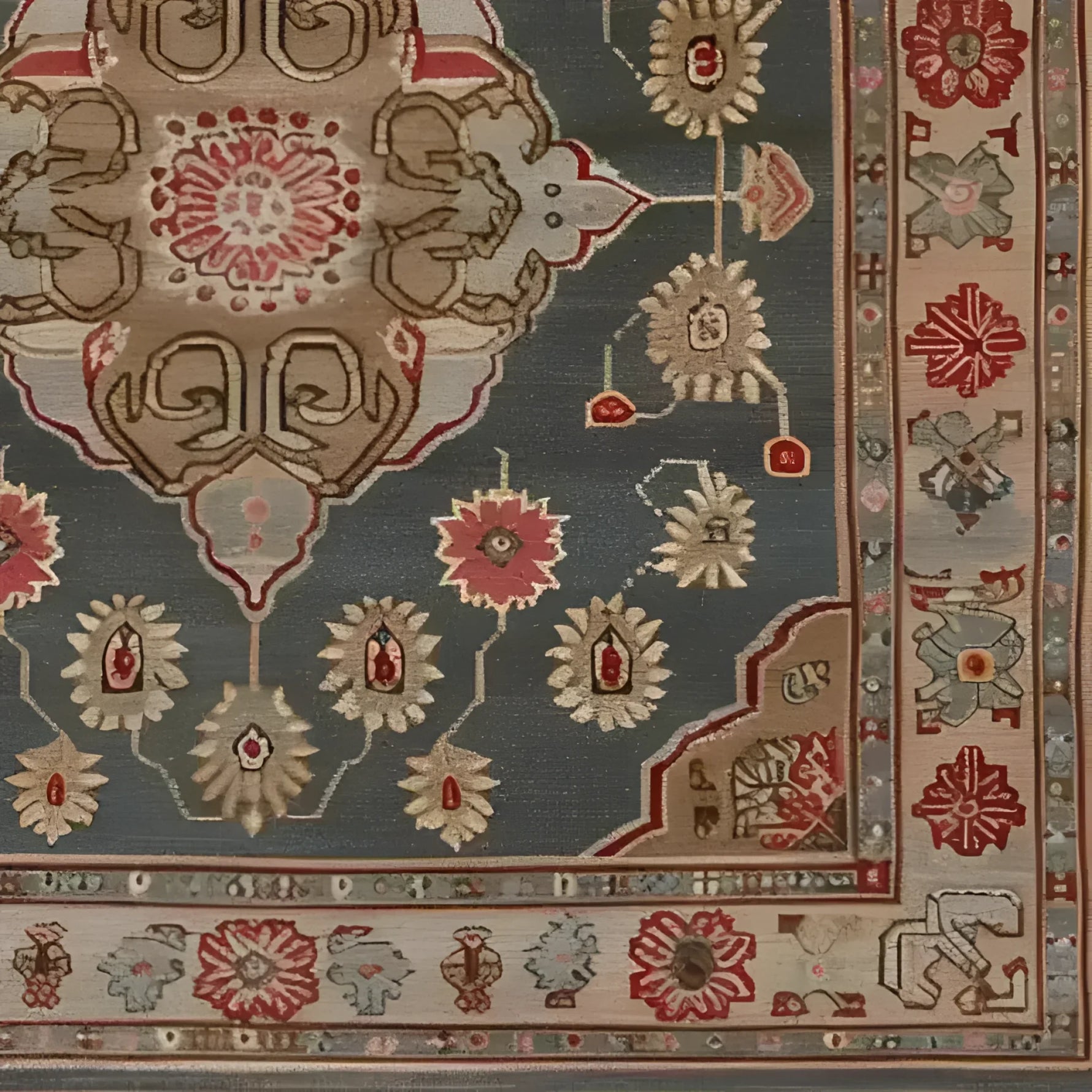 Close-up view of the Dusk Blossom Hand Knotted Area Rug, featuring intricate Persian designs with floral motifs in warm tones. Ideal for enhancing a living room with the elegance of a wool rug, this large living room rug adds a touch of sophistication and comfort.