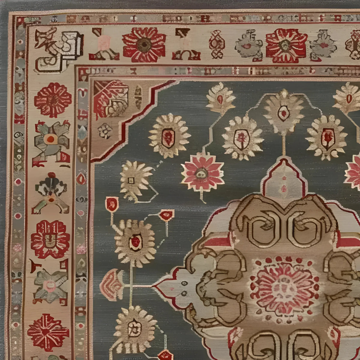 Close-up view of the Dusk Blossom Hand Knotted Area Rug, showcasing intricate Persian-inspired floral patterns in rich colors, perfect for enhancing a living room with a touch of elegance. This wool rug blends traditional design with modern luxury, ideal for large living room spaces.