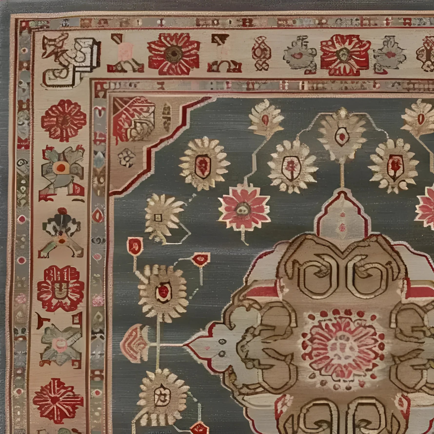 Close-up view of the Dusk Blossom Hand Knotted Area Rug, showcasing intricate Persian-inspired floral patterns in rich colors, perfect for enhancing a living room with a touch of elegance. This wool rug blends traditional design with modern luxury, ideal for large living room spaces.