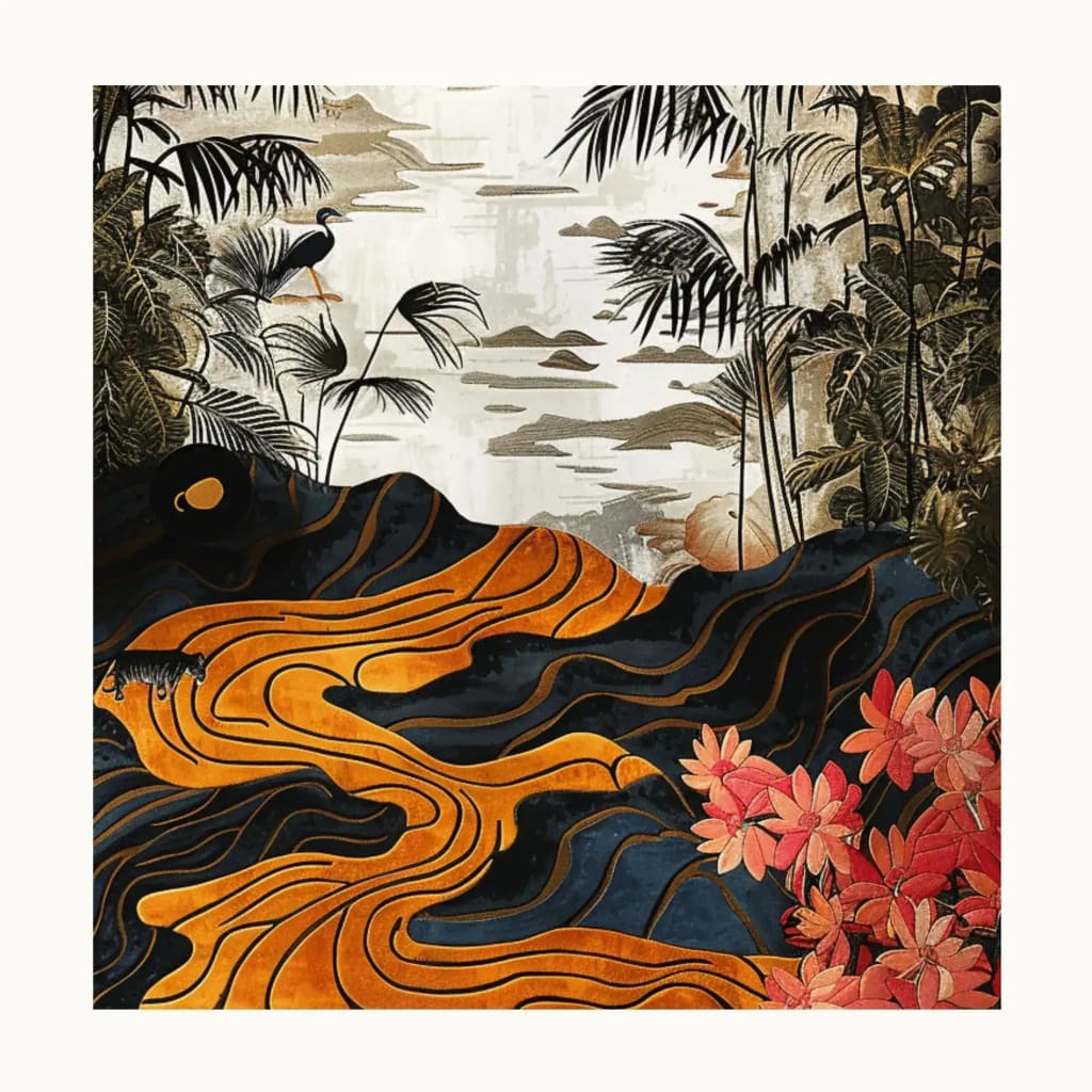 The Dusk Horizon Hand Tufted Rug features a vibrant abstract design with flowing orange and deep blue patterns, intertwined with tropical foliage and a tranquil sky. This wool area rug is perfect for adding a bold statement to a living room or dining room, seamlessly blending art and function.