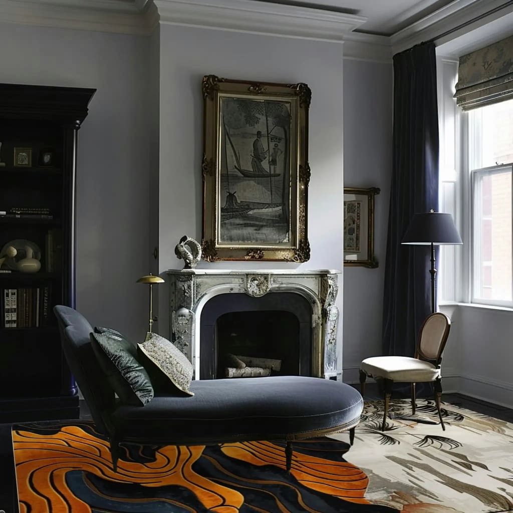 Elegant living room featuring a striking area rug with abstract orange and black patterns. The wool rug adds a vibrant touch to the sophisticated space, complementing the stylish chaise lounge and classic fireplace. Perfect for enhancing both living and dining rooms.