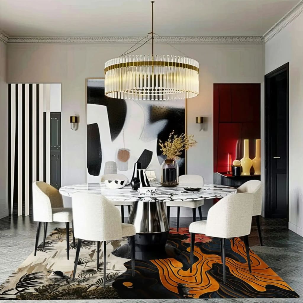 Stylish dining room featuring a Dusk Horizon Hand Tufted Area Rug. The wool rug showcases an abstract pattern with warm orange and black tones, enhancing the modern aesthetic of the space. Perfect for adding elegance to living rooms and dining rooms alike.