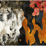 Vibrant Dusk Horizon Hand Tufted Area Rug with an abstract design featuring lush foliage, bold orange swirls, and delicate pink flowers. Perfect for adding a touch of elegance to your living room or dining room, this wool rug combines artistic patterns with rich textures, ideal for those seeking unique area rugs for living rooms.