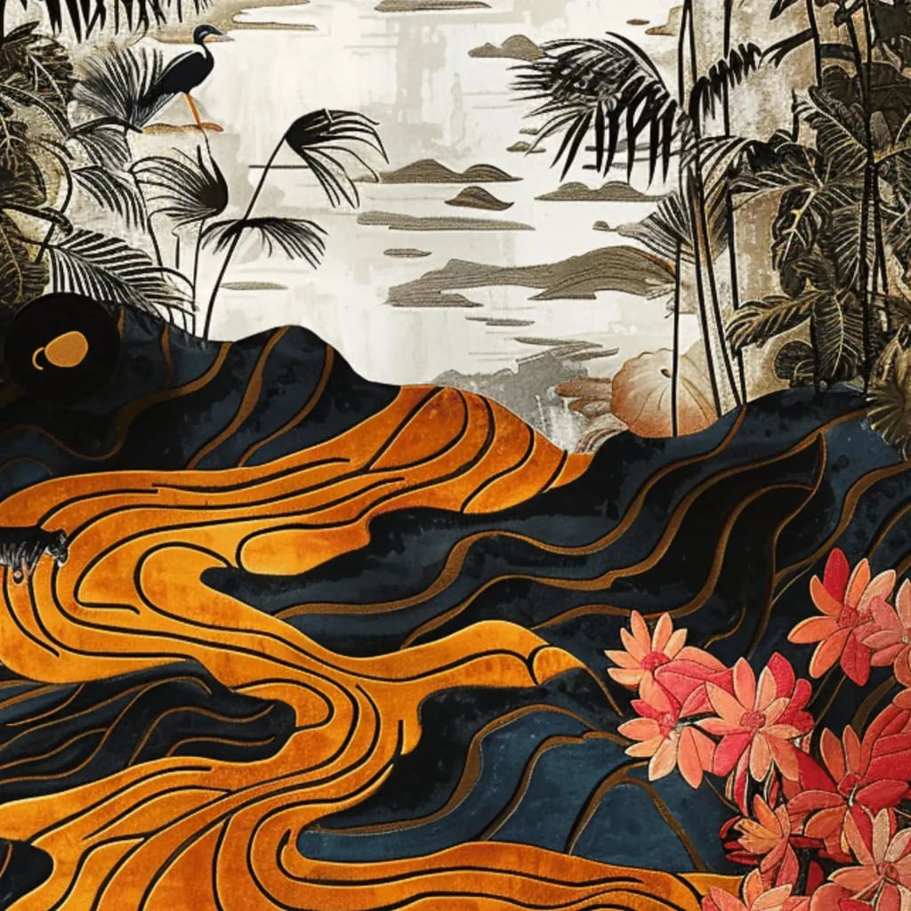 Vibrant Dusk Horizon Hand Tufted Area Rug featuring an abstract design with rich orange and black swirls, complemented by tropical foliage and a serene heron motif. Perfect for elevating the ambiance of your living room or dining room, this wool rug adds a touch of elegance and warmth.