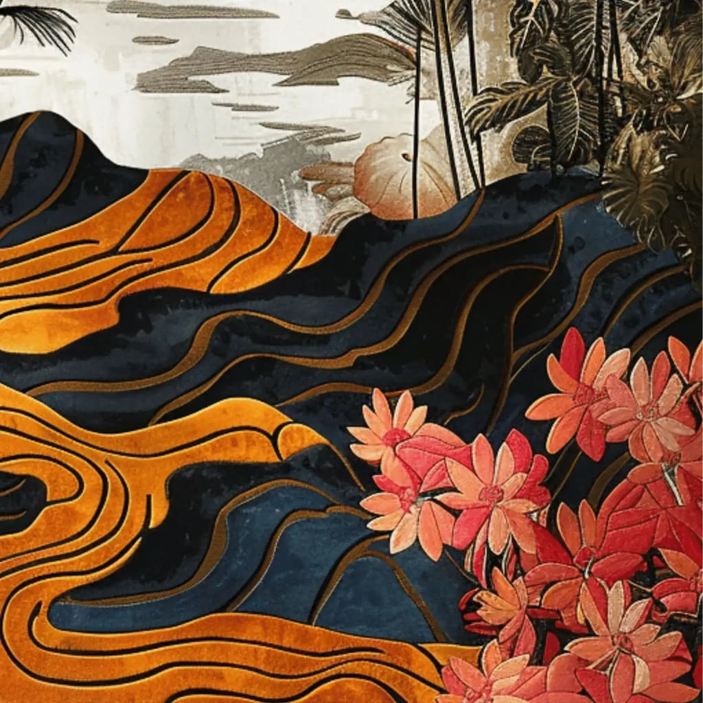 Vibrant hand-tufted area rug with an abstract design, featuring rich orange and deep blue waves adorned with pink and red floral accents, perfect for enhancing your living room or dining room with a touch of elegance. Made from high-quality wool, this rug brings a unique and artistic vibe to your space.