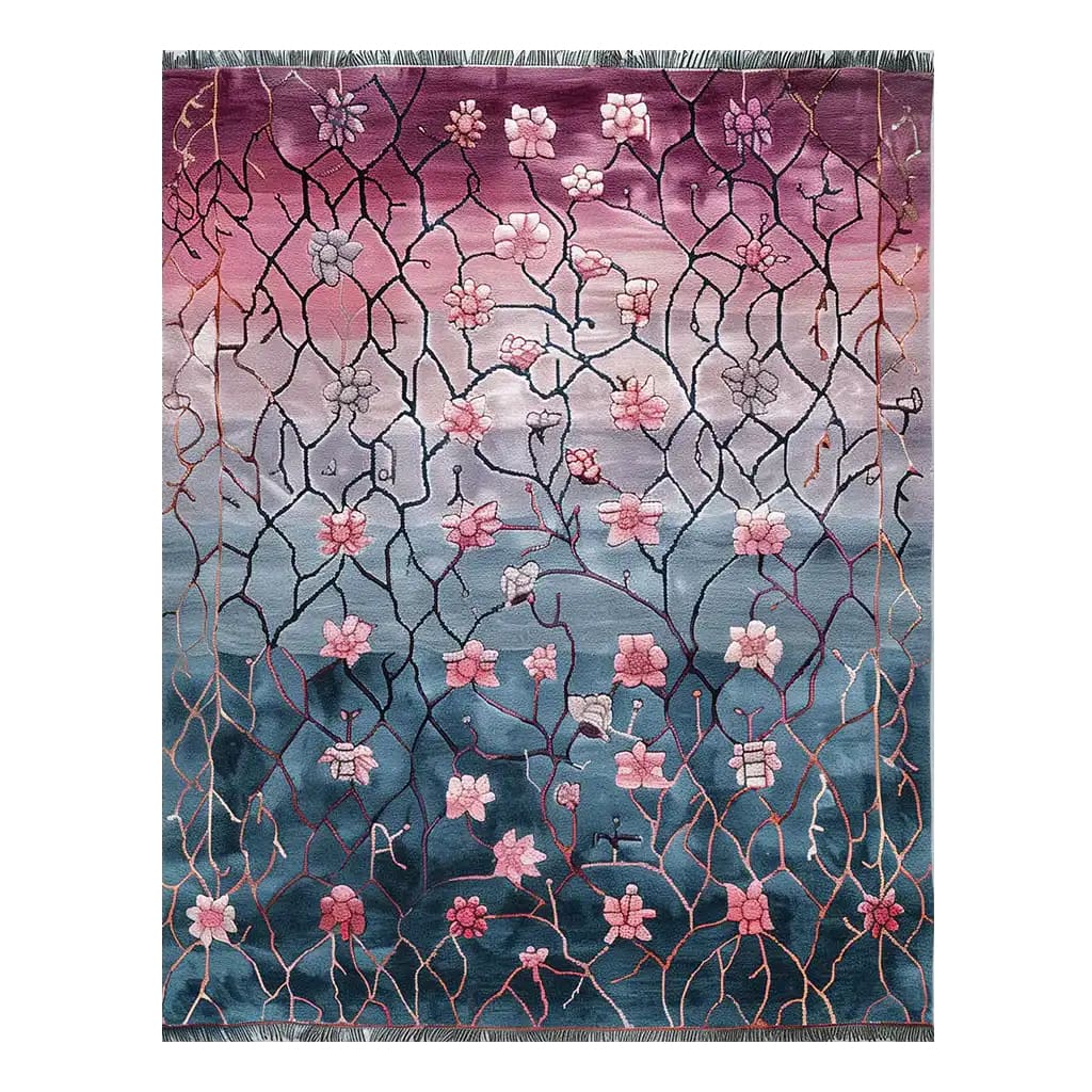 Dusken Vines Knotted Wool Rug featuring an intricate floral design with pink blossoms on a gradient background of deep blues and purples, creating an elegant and artistic area rug.