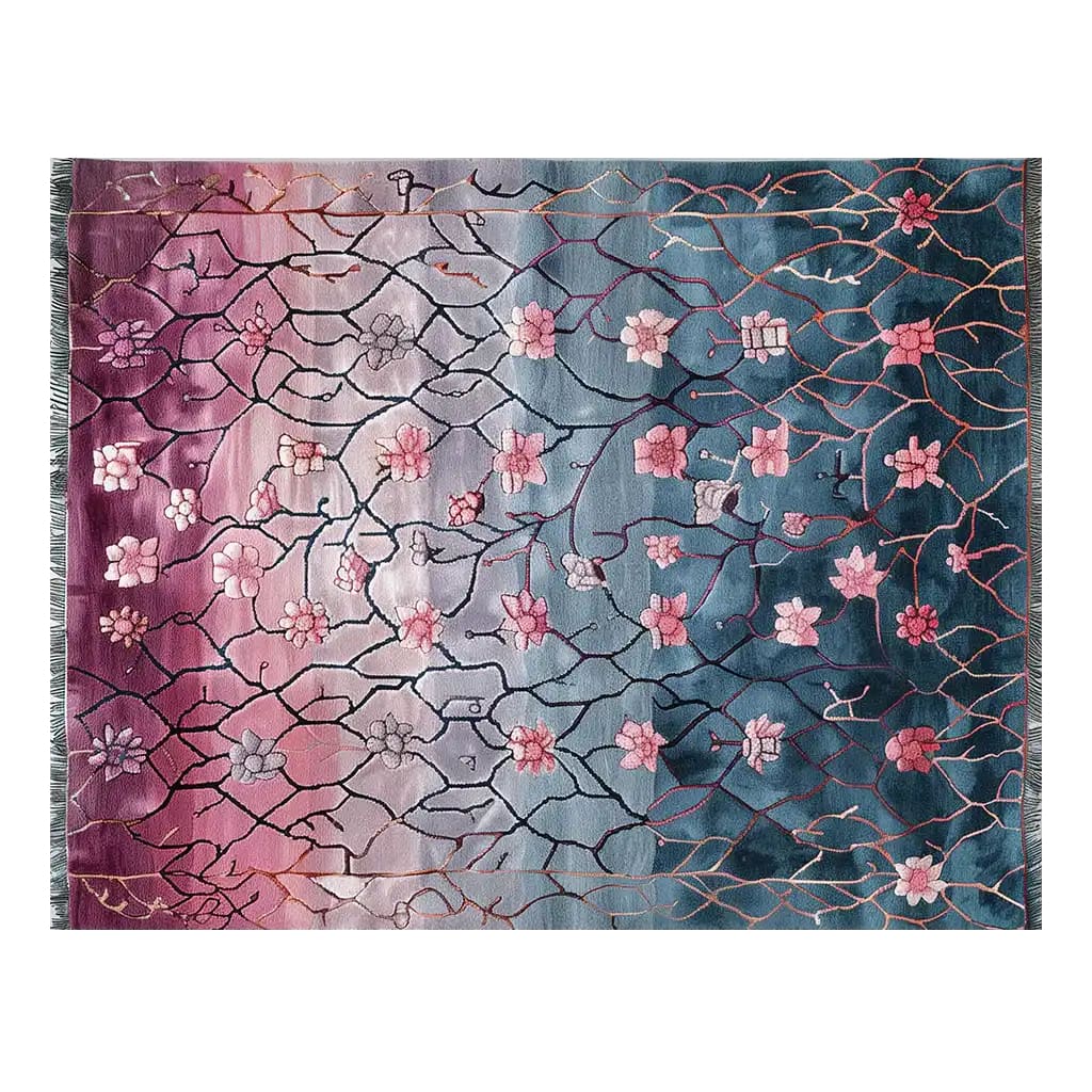 This beautiful area rug features a stunning design of pink and blue hues with intricate floral patterns, creating a vibrant and artistic centerpiece for any room.