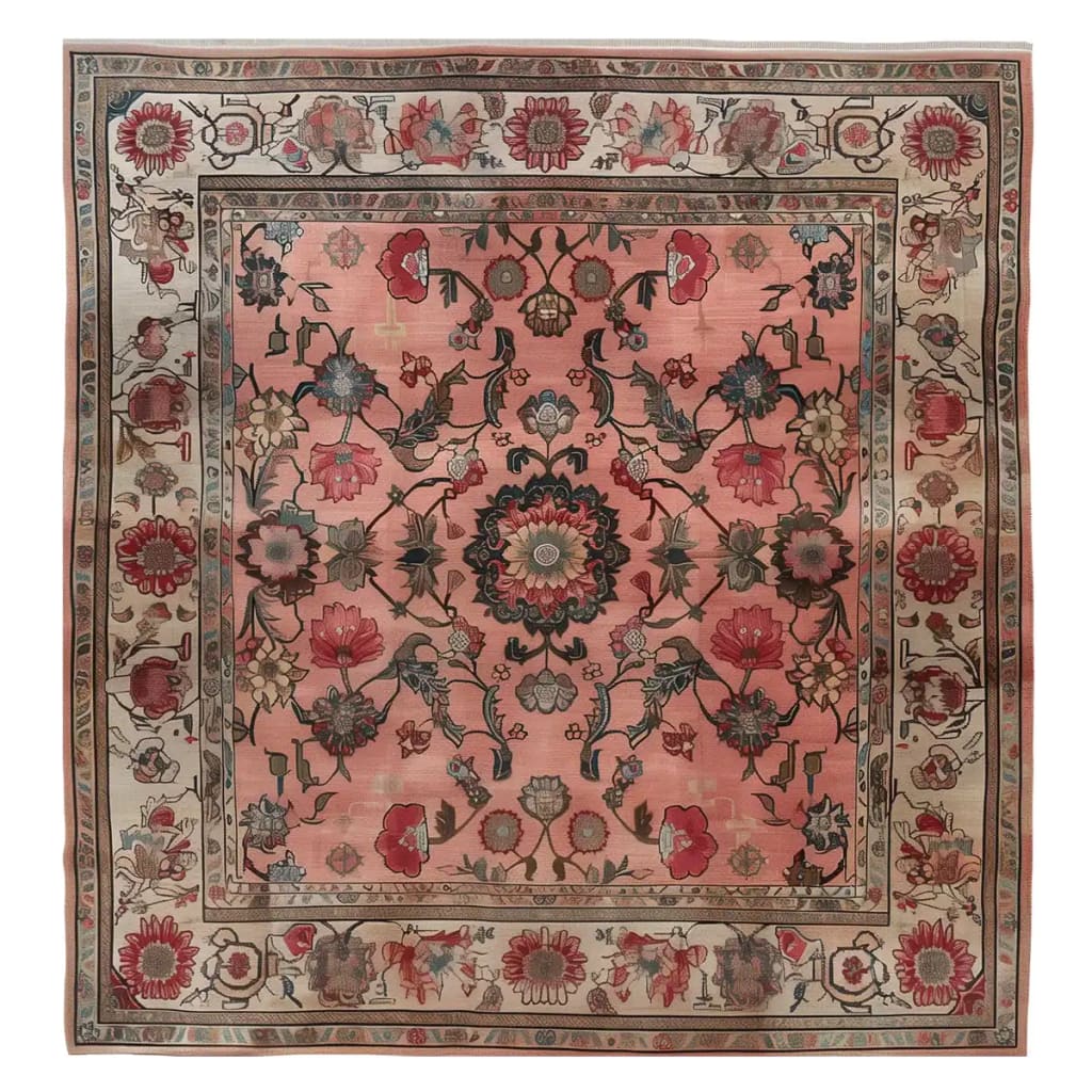 Top view of a Dusky Blossom Knotted Wool Area Rug featuring intricate floral patterns in shades of red and beige, perfect for adding elegance to any room.