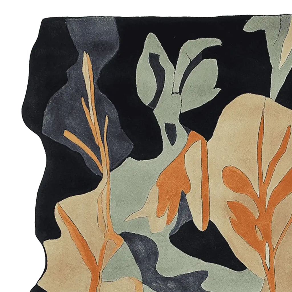 The Dusky Forest Whisper Hand Tufted Rug showcases an abstract design with earthy tones of green, orange, and beige against a dark background. This area rug is perfect for adding a contemporary touch to your living room, offering a blend of style and comfort. Ideal for those seeking large living room rugs, this wool rug combines artistic flair with functionality.
