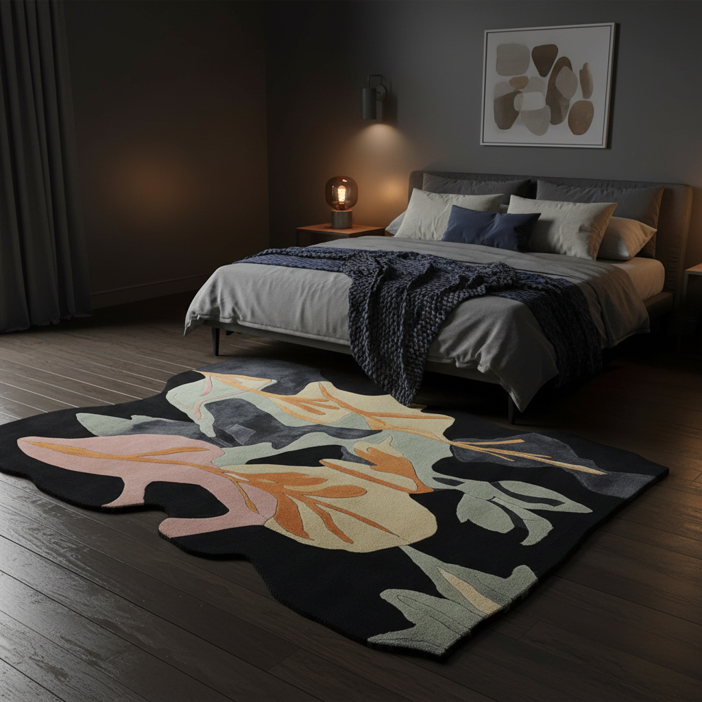 Floral patterned rug in a dimly lit bedroom with a bed and lamp.