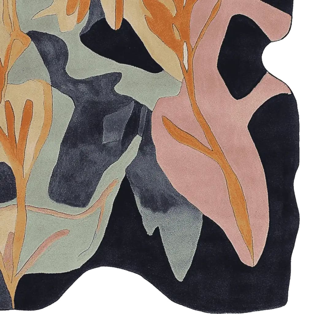A contemporary hand-tufted wool area rug with abstract botanical shapes in orange, pink, and blue tones, perfect for large living room spaces.
