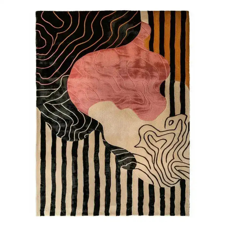 A vibrant Dusky Petals Hand Tufted Area Rug showcasing abstract patterns with bold lines and shapes. This wool rug features an eye-catching mix of pink, black, and beige tones, perfect for enhancing large living room spaces with a modern touch.