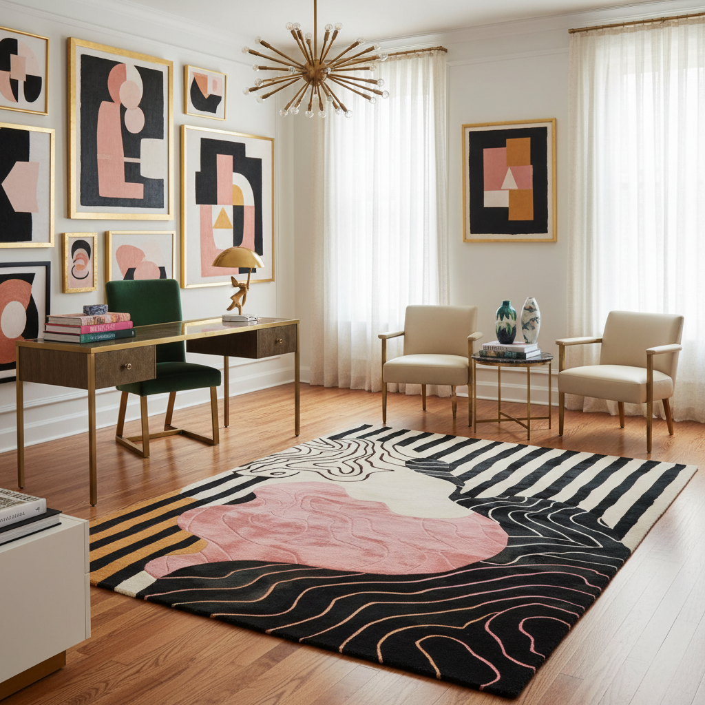 Modern living room with abstract art, a rug, and furniture.