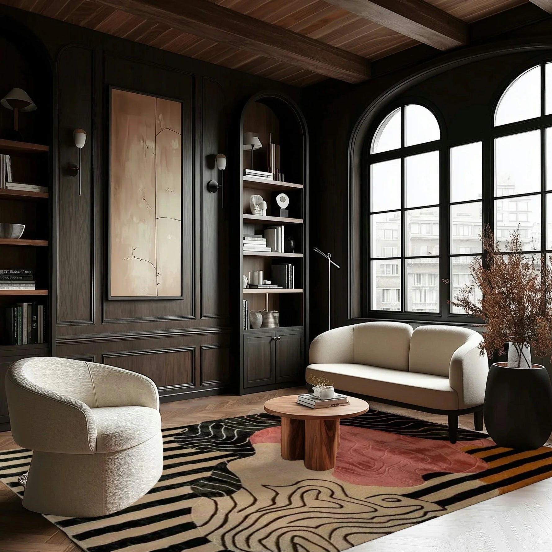 Dusky petals rug with black wavy lines and blush organic shapes under a boucle chair