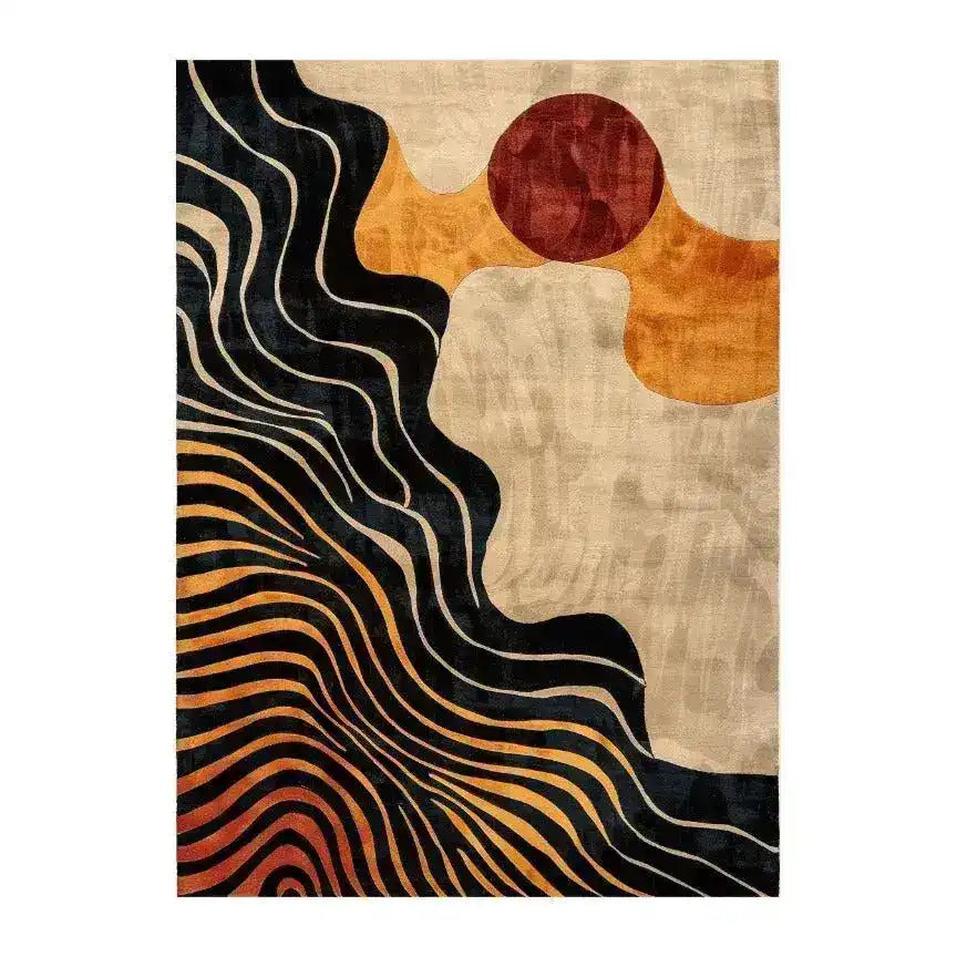 Dynamic Drift Hand Tufted Viscose Rug featuring an abstract design with bold, swirling black and orange lines against a beige background, ideal for a modern living room area rug.