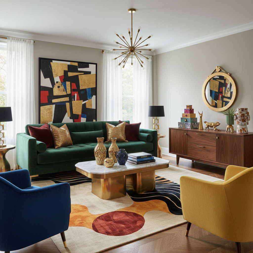Modern living room with a green sofa, colorful rug, and decorative vases.