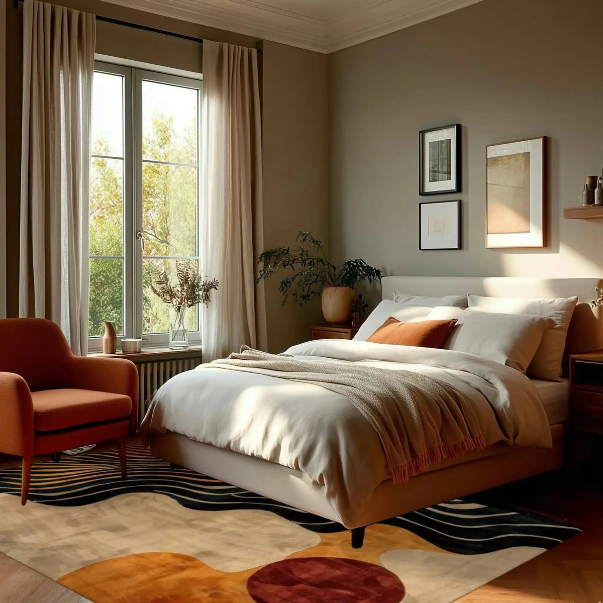 Elegant living room featuring a Dynamic Drift Hand Tufted Viscose Area Rug with abstract patterns, complementing the warm tones of the room. The area rug adds a touch of sophistication, perfect for enhancing living room decor.